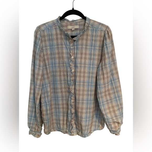 2 LOFT Size L Ruffle Blouses Pink & Blue Button Down Tops Feminine Work Casual - Picture 3 of 7